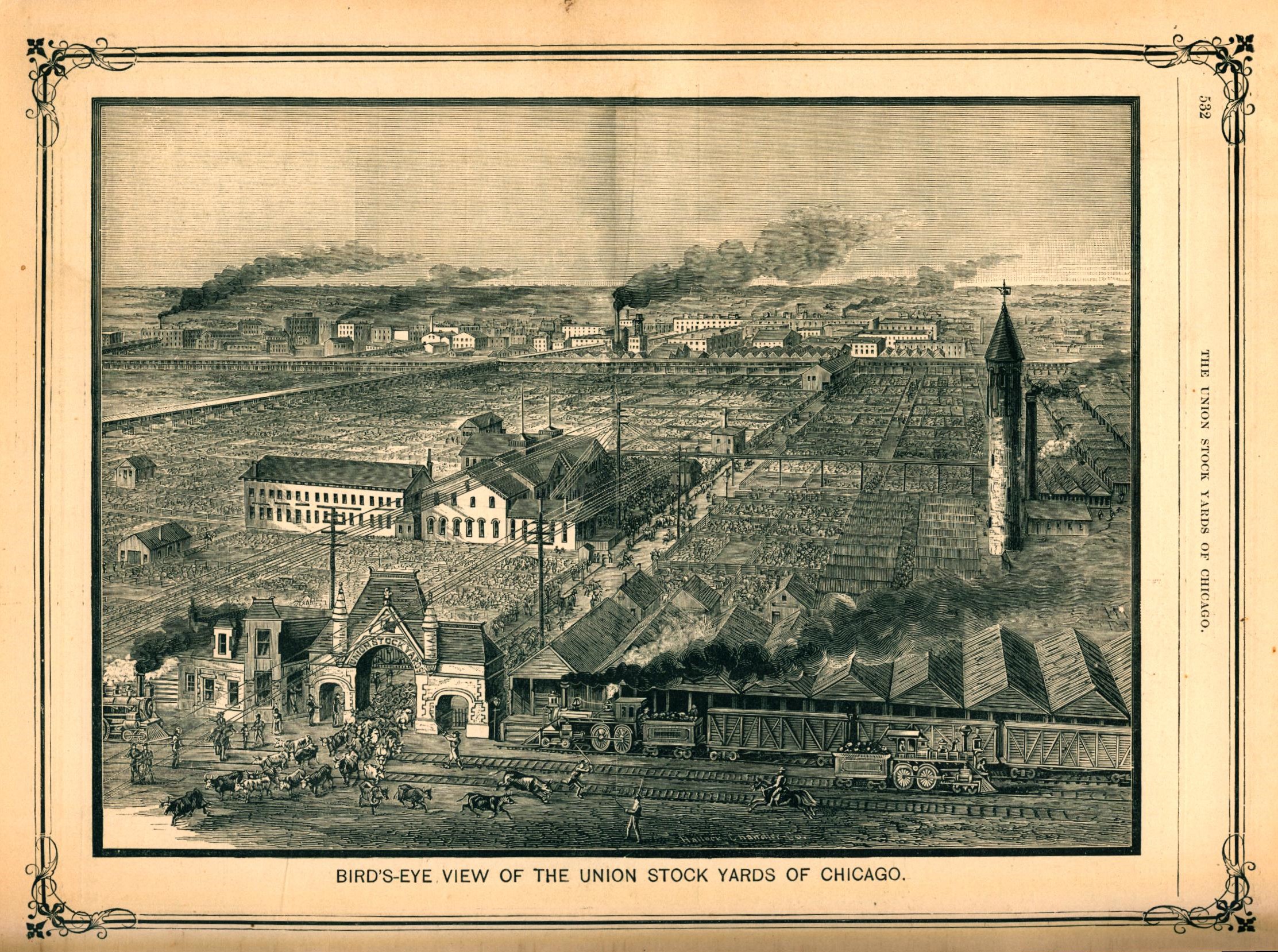 An illustration of the Union Stock Yards of Chicago, Illinois.