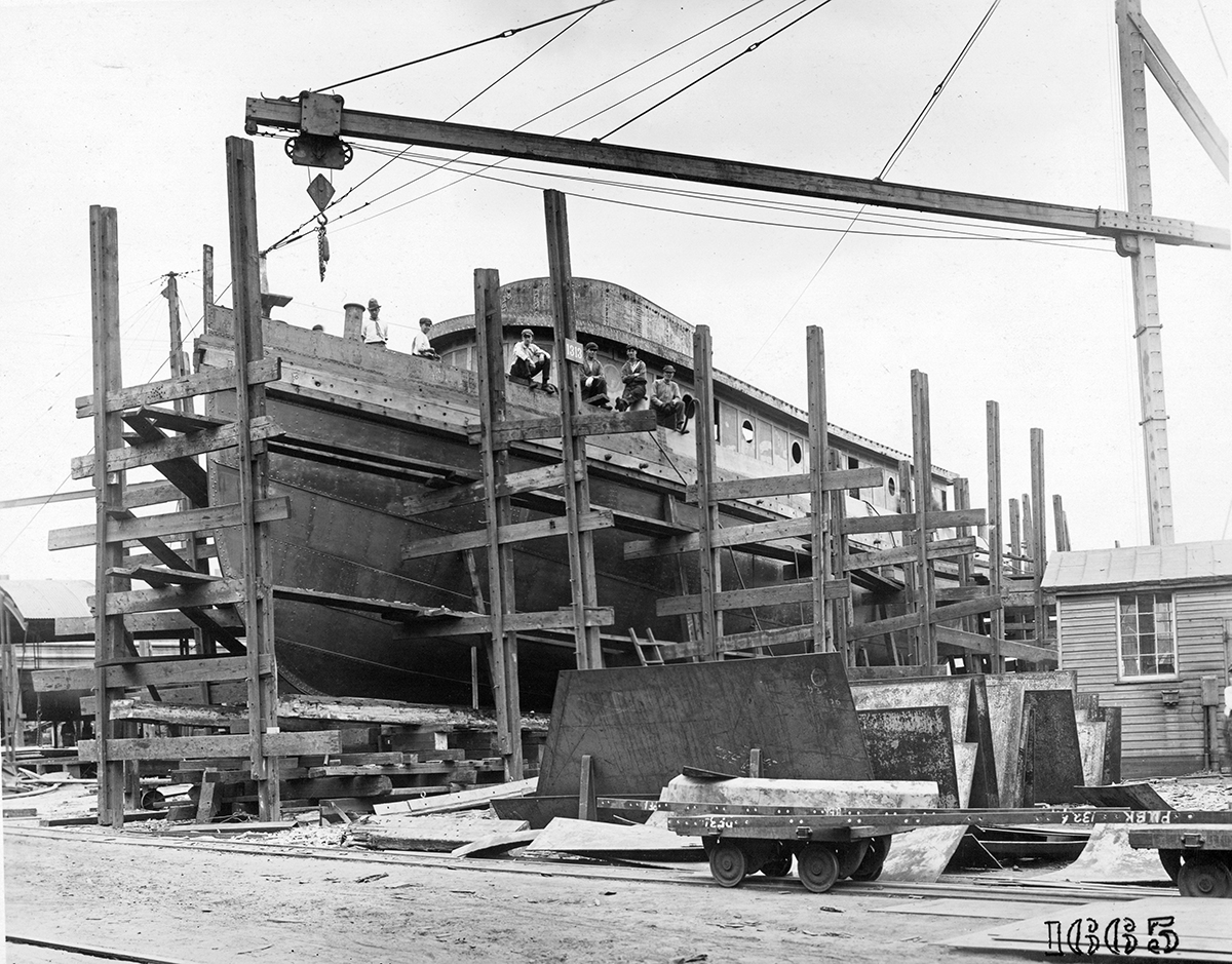 A tugboat is built in the shipyard