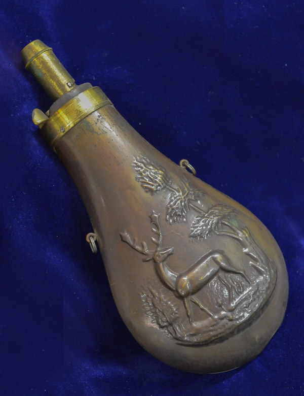 59G14/G76-118 Gunpowder Flask – Deer Design, by the American Flask & Cap Co., ca. 1864 Typical nineteenth-century flasks were shaped and decorated similar to this