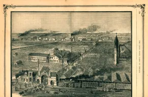 Black and white birds-eye view illustration of the the Union Stock Yards in Chicago, Illinois. Printed on sepia-toned paper with a decorative black border.